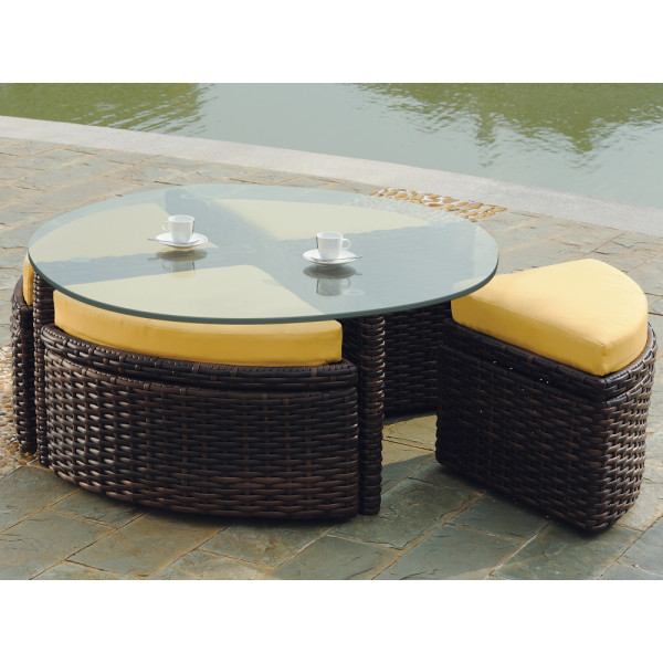 South Sea Rattan Saint Tropez Wicker Sushi Table with Ottomans